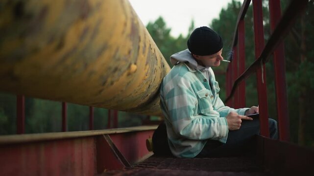White man beside yellow pipeline reading map, independent traveler plotting route from rustic industrial perch, beanie and patterned jacket, treeline backdrop, muted color palette and quiet afternoon,