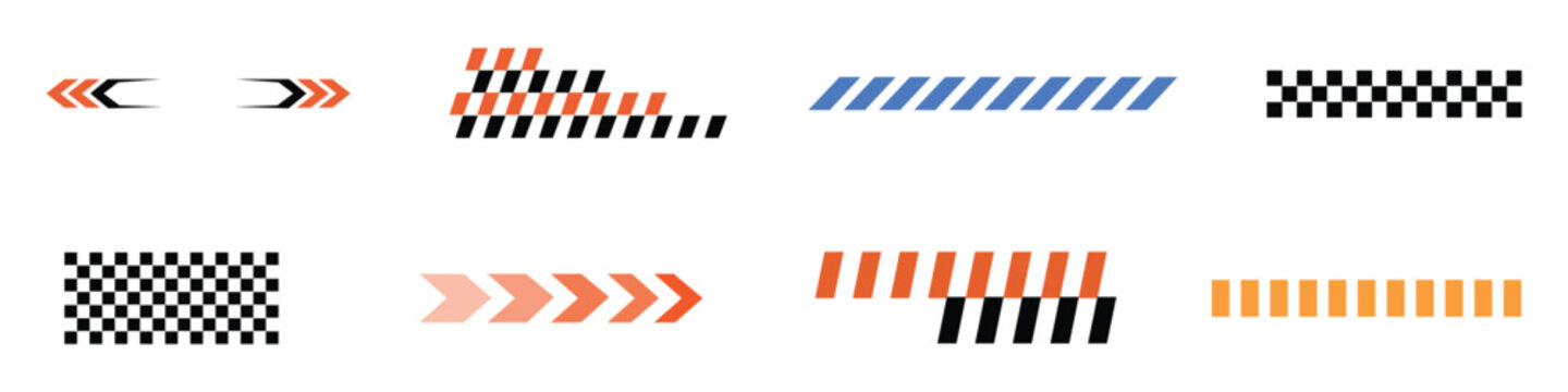 Racing patterns and arrow icon set for speed and competition themes. checkered flag designs, racing stripe speed, decal patterns, dynamic lines symbol. vector illustration.