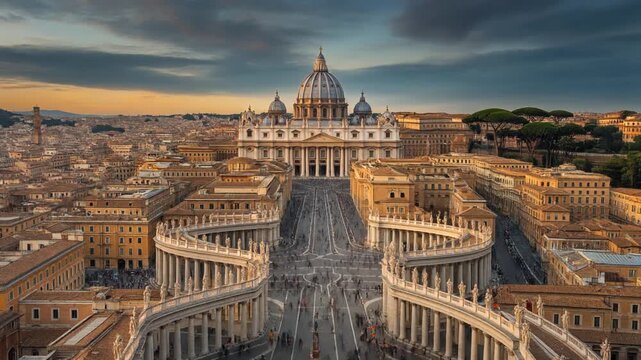 Aerial panorama of Vatican City and St. Peter's Basilica at sunset Rome Italy
