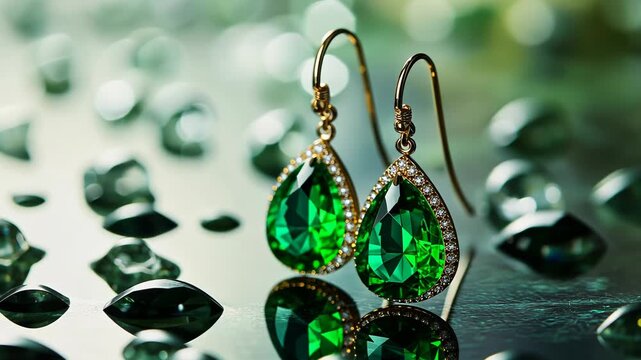 Shimmering emerald earrings amidst glistening gems on reflective surface
