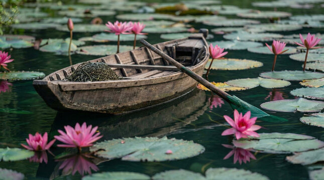 Serene Morning Landscape: Pink Water Lily Blooming in a Foggy Lake with a kerala Traditional Wooden Boat, Peaceful Rural Nature and Scenic Backwaters Atmosphere.