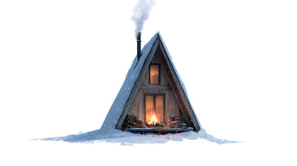 Cozy illuminated a frame cabin nestled deep within a snowy winter landscape featuring a warm fire crackling invitingly outside during nighttime