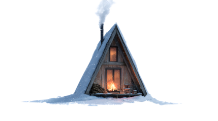 Cozy illuminated a frame cabin nestled deep within a snowy winter landscape featuring a warm fire crackling invitingly outside during nighttime