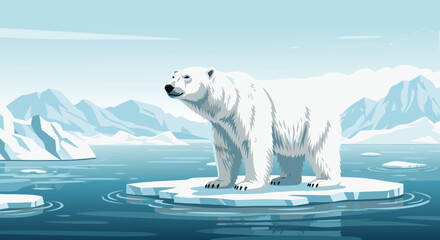 Vector illustration of a polar bear on a melting iceberg, representing climate change and arctic wildlife conservation © PDWN Creative