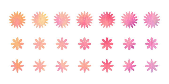 ピンク色の水彩絵の具で描かれた花のベクターイラスト　パステル調の花アイコンセット