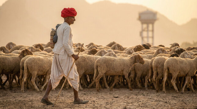 Traditional Indian Shepherd with Turban Walking with Herd of Goats in Rural Rajasthan Landscape, Nomad Herder in Thar Desert, Authentic Indian Village Life, Pastoralism and Livestock Farming in India.