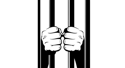 Imprisonment and loss of freedom concept with hands gripping prison bars black and white illustration
