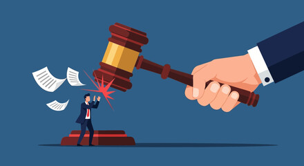 Giant hand wields gavel to crush small businessman in court, symbolizing legal judgment and power.