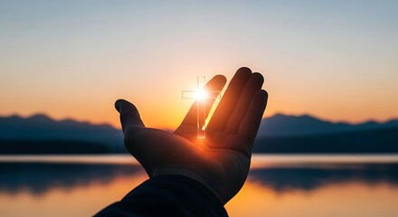 A serene hand gesture with the sun setting behind it over a peaceful lake and mountain range at dusk with warm orange hues