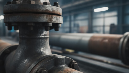 Close-up of Heavy Rusty Industrial Pipe Flange Connection with Bolts in a Dark Factory Setting, Representing Engineering, Oil and Gas Infrastructure, and Manufacturing Maintenance