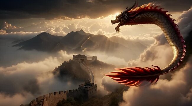 Majestic Chinese Dragon Soaring Above Misty Mountains and Ancient Great Wall