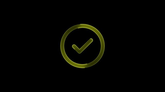 Check mark animation with glowing golden light effect moving around circular frame on black back