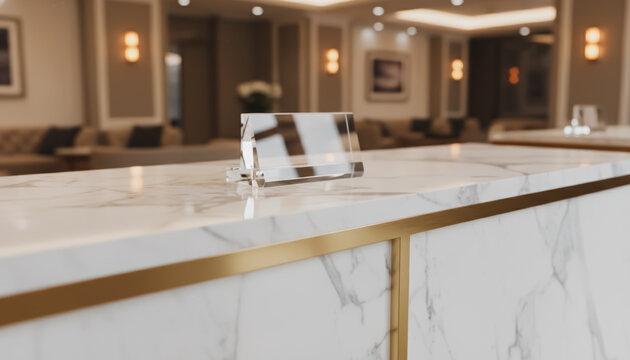Elegant marble and gold reception desk countertop in luxury hotel or spa lobby interior, featuring a clear acrylic sign stand mockup with blurred background