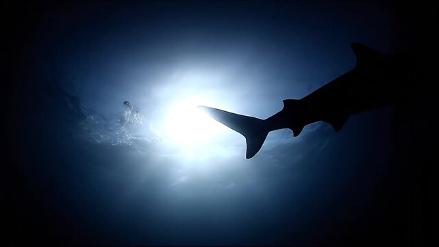 A silhouette of a shark glides beneath the bright sun, a stark contrast in the deep blue ocean
