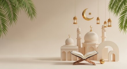 Serene Islamic mosque with crescent moon lanterns and open Quran on stand.