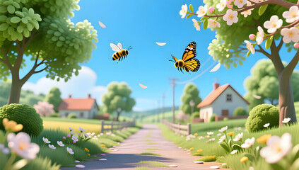 Obraz premium 3D scene of butterflies and bees on a village road