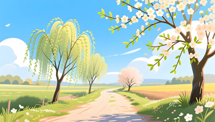 Obraz premium Beautiful spring path with budding willow trees