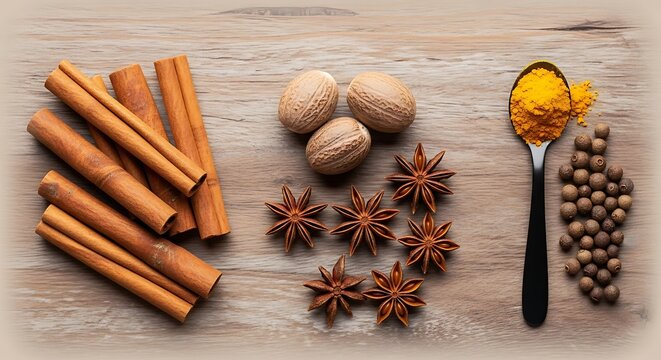 Aromatic spices and herbs on a wooden surface including cinnamon sticks star anise nutmeg and turmeric powder in a spoon - Powered by Adobe
