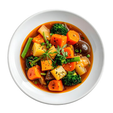 A vibrant bowl of saksuka, featuring chunky eggplant and peppers in a garlicky tomato base, isolated on white background