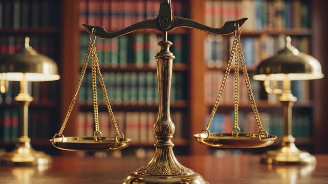 Scales of justice in library, law and legal concept background