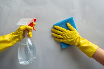 Generative AI Cleaning Hands with Spray Bottle and Cloth in Laboratory Environment