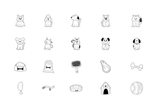 Black And White Pet Animal Dog Cat Doodle Food Illustrations Set