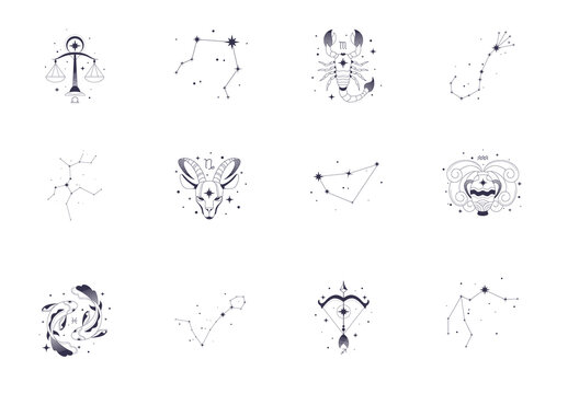 Black And White Zodiac Constellation Horoscope Astrology Illustrations Set