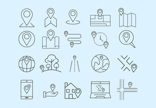 Black And White Location Map Navigation Pin Route Icons Set