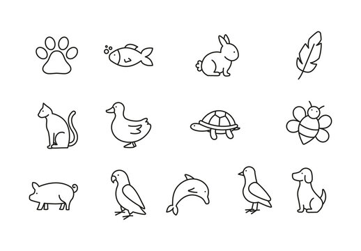 Black Animal Wildlife Nature Pets Marine Minimalist Icons Set