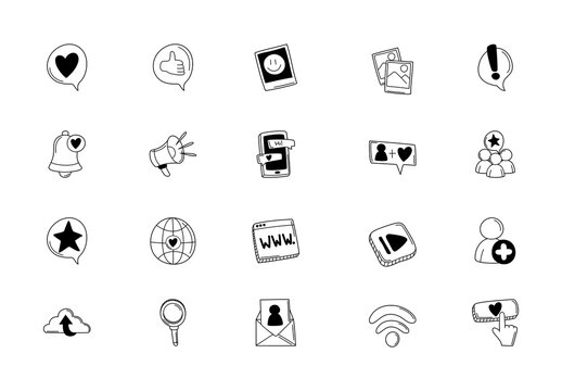 Black And White Social Media Chat Communication Notification Illustrations Set