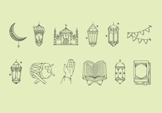 Black And White Ramadan Mosque Lantern Islam Quran Illustrations Set