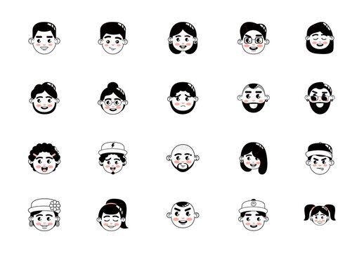 Black And White People Character Avatar Face User Icons Set