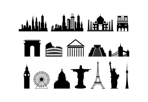 Black Skyline Landmark Monument City Architecture Illustrations Set