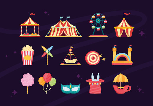 Colorful Circus Carnival Festival Amusement Park Illustrations Set