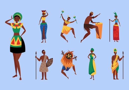 Colorful African Tribal Traditional Clothing People Illustrations Set