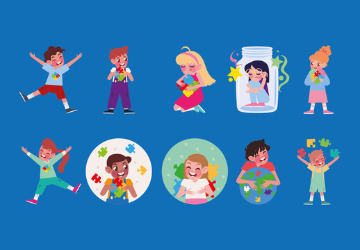 Colorful Autism Awareness Children Happy Puzzle Illustrations Set