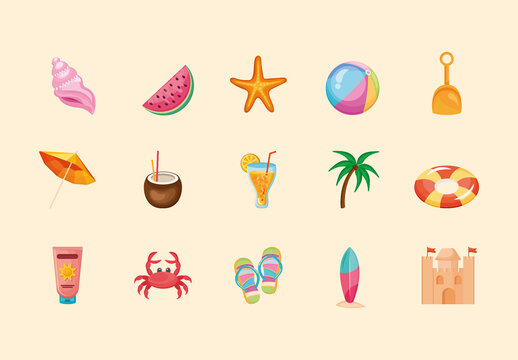 Colorful Summer Beach Tropical Holiday Vacation Illustrations Set