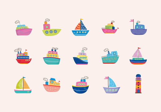 Colorful Nautical Sea Transport Marine Boat Illustrations Set