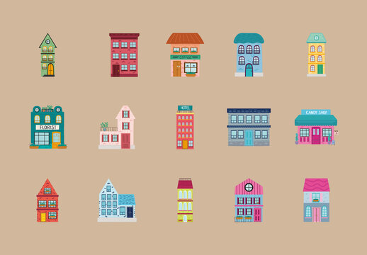 Urban City Places Buildings Illustrations Set