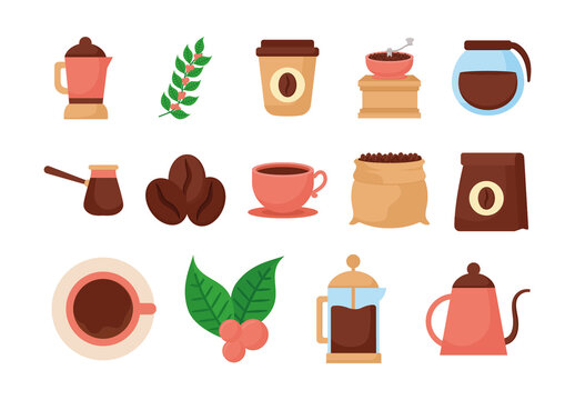 Colorful Coffee Beans Grinder Drink Brewing Illustrations Set