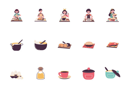Colorful Cooking Kids Ingredients Food Kitchen Illustrations Set