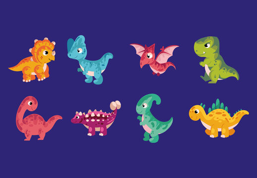 Colorful Cute Cartoon Baby Dinosaurs Animals Illustrations Set