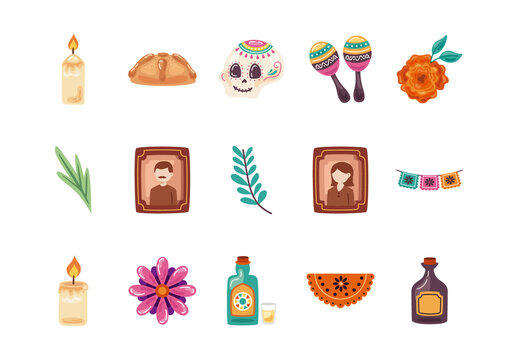 Colorful Dia De Los Muertos Mexican Culture Illustrations Set