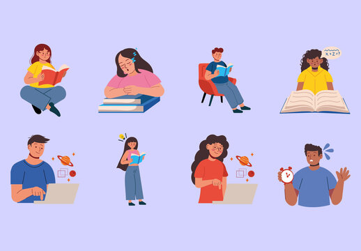 Education Students Reading Studying Illustrations Set