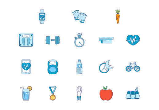 Colorful Fitness Gym Workout Nutrition Health Illustrations Set