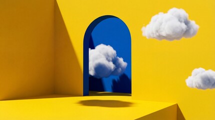 Arched Window with Clouds in Bright Yellow Room with Soft Natural Lighting for Minimalist Home Decor