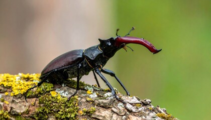 Stag beetle on mossy bark with a blurred green background, vibrant colors, and sharp focus on the insect