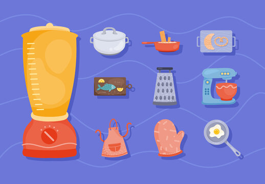 Colorful Kitchen Cookware Cooking Food Tools Illustrations Set