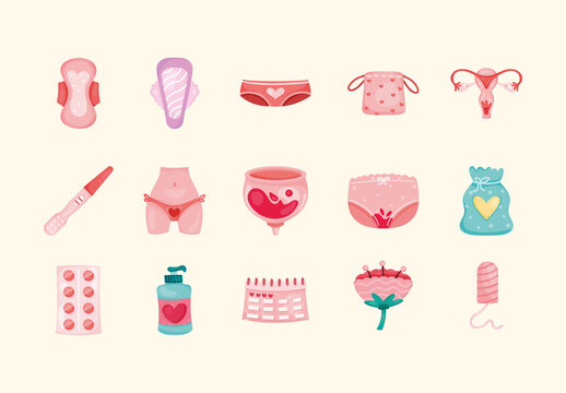 Colorful Menstruation Hygiene Period Reproductive Health Illustrations Set