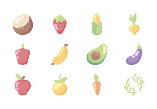 Flat Fruit Vegetable Icon Set